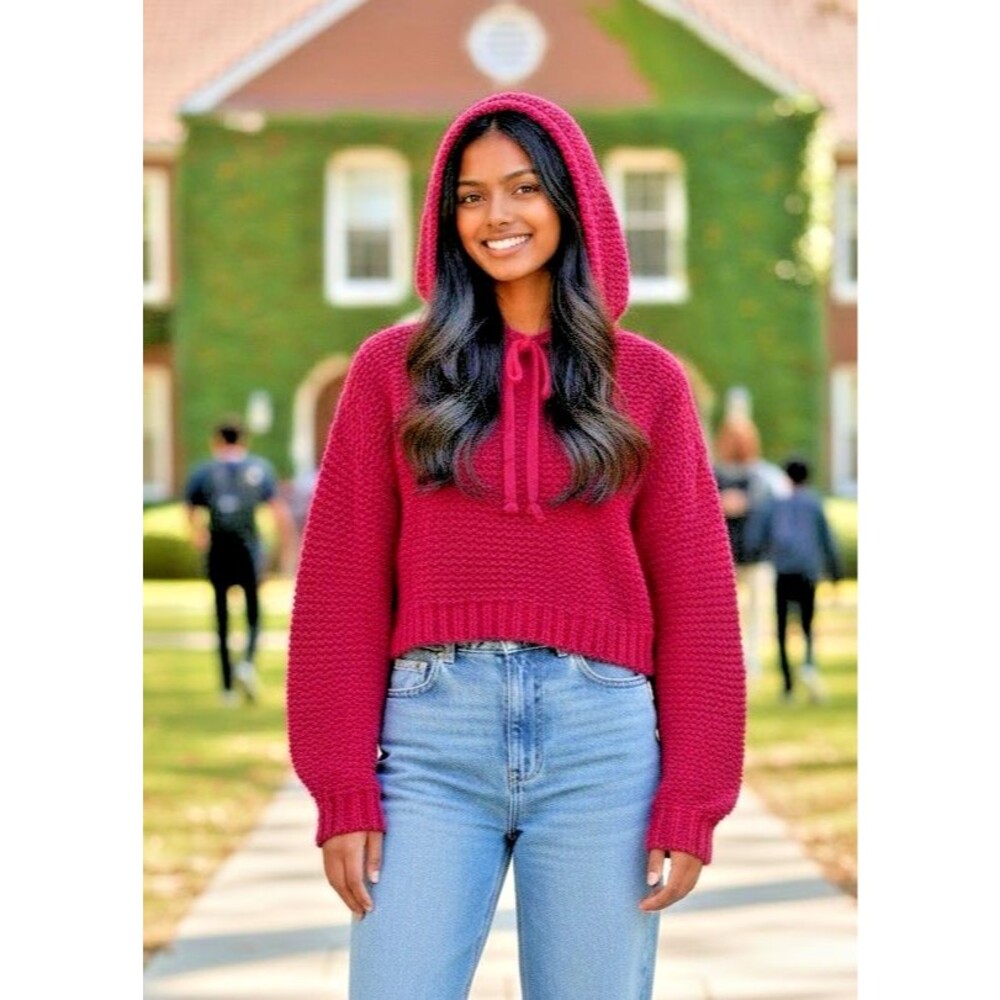 Pilcro womens stretch chunky knit fushia hooded cropped sweater XXS collegiate